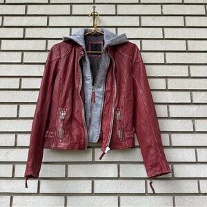Mauritius Red Leather Moto Jacket S US 6 Gray Hoodie Insert Zip Pockets Buckle